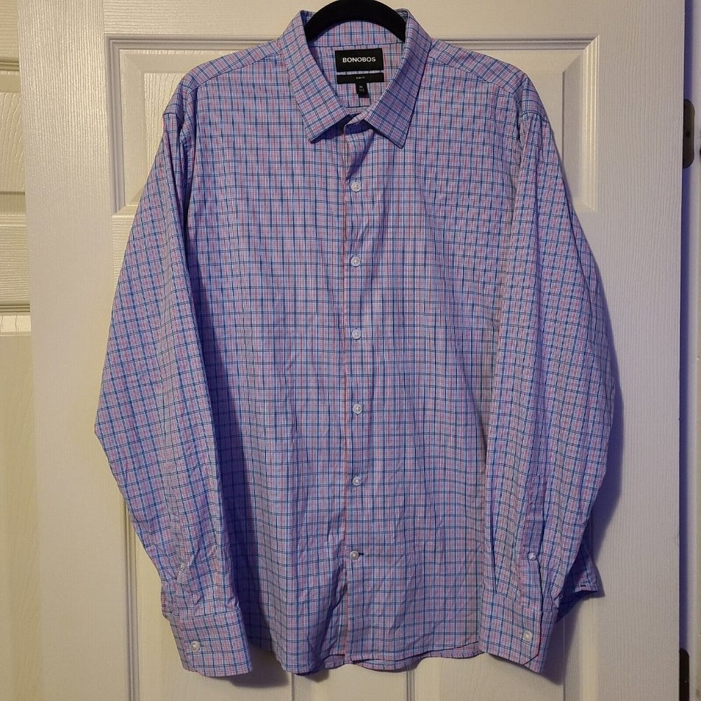 Bonobos XL Slim Stretch Tattersall Check Plaid LS Button Shirt Pink/Blue